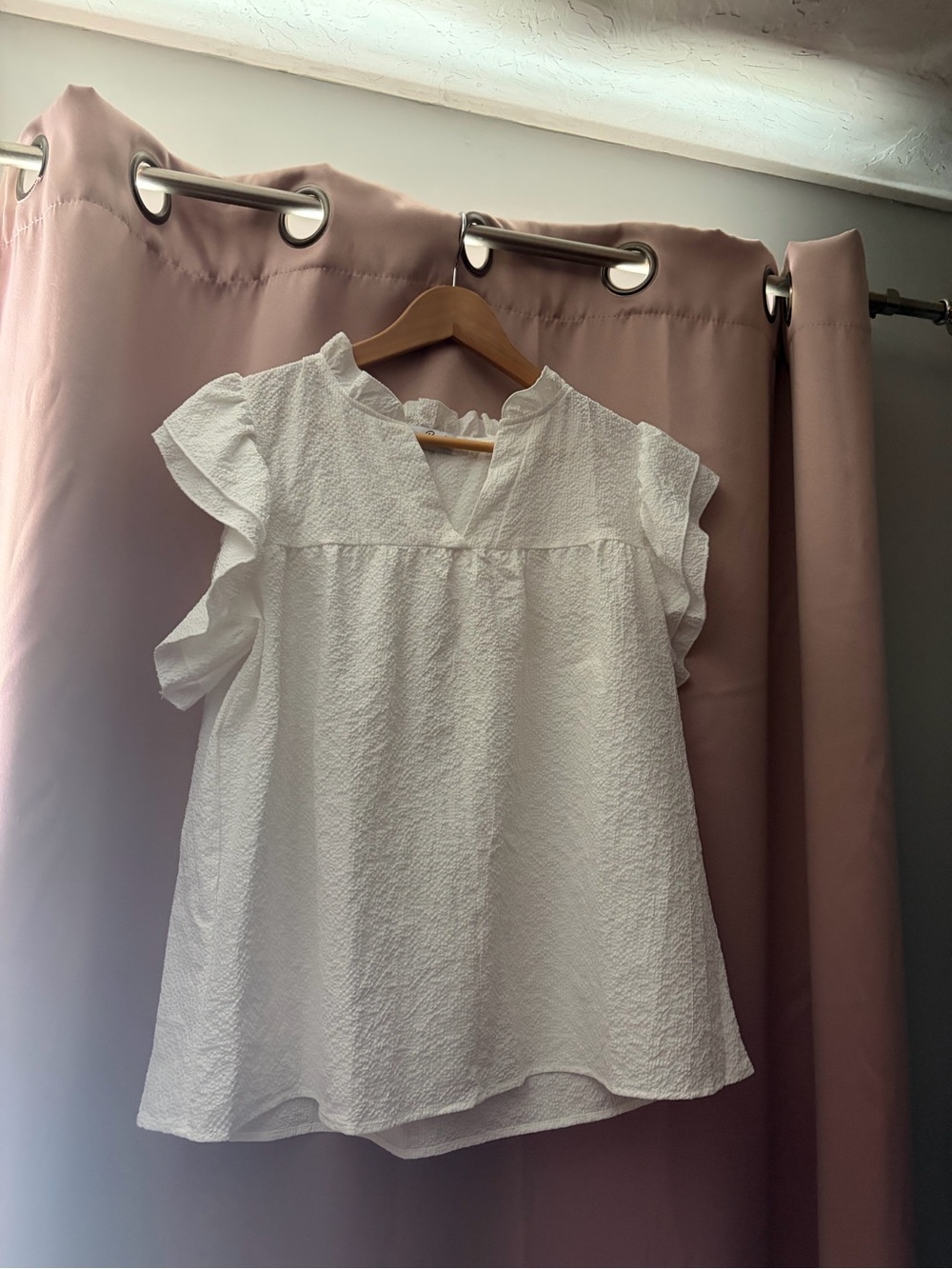 White Textured Flutter-Sleeve Women's Blouse